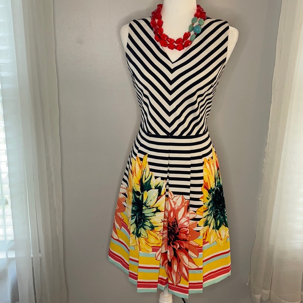 Shelby & Palmer Striped & Floral Pleated Dress
